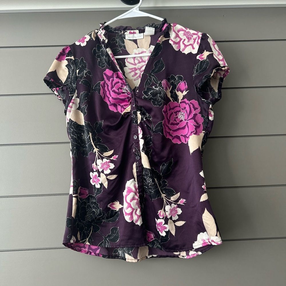Worthington Purple and Pink Ruched Blouse with Mandarin Collar, Size 8